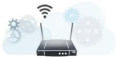 Illustration of a wireless router with Wi-Fi signal icons and gear symbols (no text or labels)