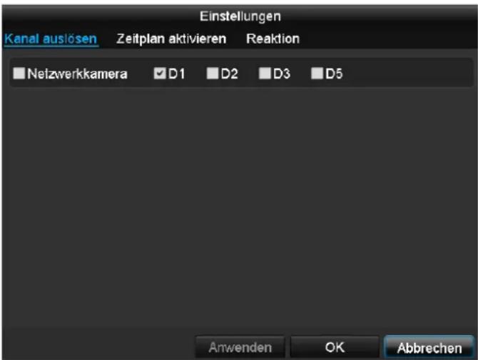 Einstellungen Kanal auslösen Zeitplan aktivieren Reaktion Netzwerkkamera D1 D2 D3 D5 Anwenden OK Abbrechen