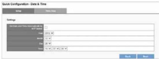 Quick Configuration - Data & Time Setup Time, Time Settings Data Data and Time Availability for MCP Status Period 2013 Date 12 Date 26 Time 19 57 28 Back Back
