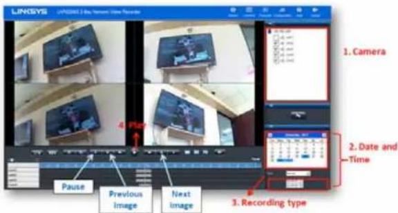 LINKSYS 1. Camera 2. Date and Time 3. Recording type 4. Play Pause Previous Image Next Image