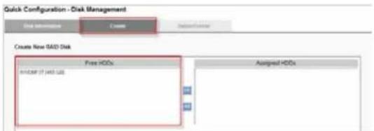 Quick Configuration - Disk Management Disk Information Create New SAG Disk Free HDDs R/WOMF (F) [HIS LUX] Assigned HDDs