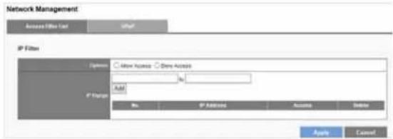 Network Management Access Offset Card Gbps IP Filters Options Allow Access Data Access IP Hanger Add No. IP Address Access Delete Apply Cancel