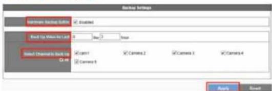 Backup Settings Software Backup Style Enabled Boot Up Status to Last 0 Begin Select Channel to Back Up Can1 Camera 2 Camera 3 Camera 4 Can2 Camera 5 Apply Reset