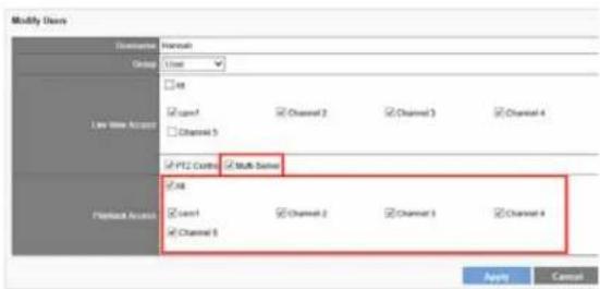 Modify Users Instructions Group User Line New Account □ int □ int1 □ Channel 2 □ Channel 3 □ Channel 4 □ Channel 5 □ PTZ Controls □ Multi-Server □ int □ int1 □ Channel 2 □ Channel 3 □ Channel 4 □ Channel 5 Apply Cancel