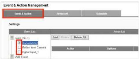 Event & Action Management Event & Action Advanced Schedule Settings Event List Action List Add Delete Delete All Action Options Event (No. 1) Disconnected Option from Camera Digital Input_1 VWR Event