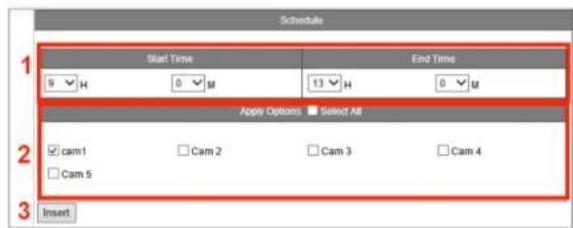 Schedule Start Time End Time 9 H 0 M 13 H 0 M Apply Options Select All cam1 Cam 2 Cam 3 Cam 4 Cam 5 Insert