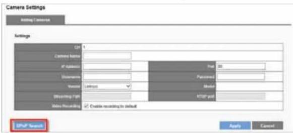 Camers Settings Adding Camera Settings ID: 1 Camera Name: IP Address: Distance: Window: Linkage: Post Password: Address: AT&T pad Video Resolution: Enable recording to default EP/PT Search Apply Cancel