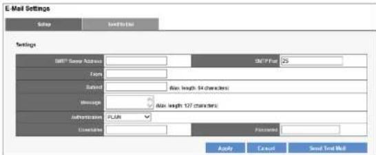 E-Mail Settings Setup Settings Settings SMTP Same Address SMTP Plus 25 Form Subject Max. length 54 characters Message Max. length 127 characters Authentication: PLUS UAE Password: Password: Apply Cancel Send Text Mail
