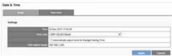 Date & Time Setting Time: 08 Dec 2013 17:54:36 Time: Time: LIME+08-0017 time □ Automatically adjust cloud for Daylight Time HWS load in Time: 192 100.1.245 Apply Cancel