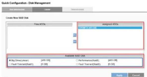Quick Configuration - Disk Management Data importation Create Delete Create New RAID Disk Fine HDOs Assigned HDDs [HTTP 10.145 GB] Available RAID Disk Big Drive(Linear) [ABS-GB] ○ Performance(Radd) [ABS-GB] Fault Tolerant(Radd) [0 GB] ○ Fault Tolerant(Radd) [0 GB] Apply Cancel