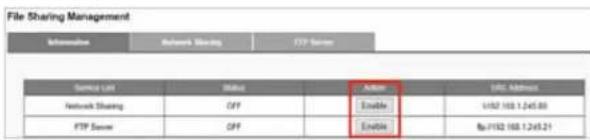 File Sharing Management Information Network Sharing FTP Server Service List Security Enable URL Address Network Sharing OFF Enable URL 100.1.245.80 FTP Server OFF Enable By 1932 100.1.245.21