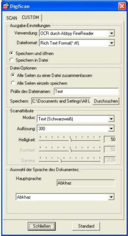 PLUSTEK OpticCard 821 - Konfigurieren der Custom Einstellungen - 1