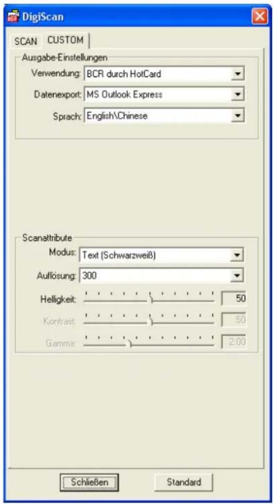 PLUSTEK OpticCard 821 - Konfigurieren der Custom Einstellungen - 2