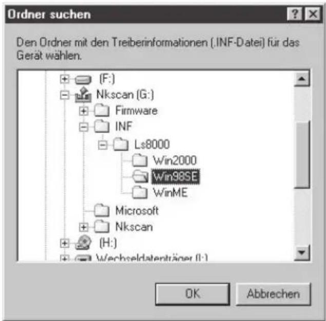 Ordner suchen Den Ordner mit den Treiberinformationen (.INSF-Datei) für das Gerät wählen. +F:) Nkscan (G:) Firmware INF Ls8000 Win2000 Win98SE WinME Microsoft Nkscan (H:) Wechseldatenträger (I:) OK Abbrechen