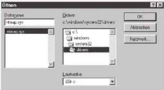 Ölfnen Datiename: rtnap.sys rtnap.sys Order: c:\windows\system32\drivers c:\ windows system32 drivers Lautivek: c OK Abbrachen Netzwerk...