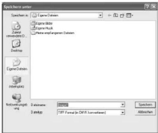 Speichem unter Speichem in: Egene Daten Eigene Bilder Eigene Musik Miete empfangenen Daten Zukat verwondere D... Desktop Eigene Daten Arbeitsplatz Netwerkungab ung Datumware: Date stamp: TFF Format (in D/FX konverlasen) Epsichern Abbrücken