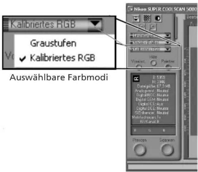 Kalibriertes RGB Graustufen ✓ Kalibriertes RGB Auswählbare Farbmodi Nikon SUPER COOL SCAN 5000 Voranzus. Hite Paaten B: 5000 H: 2000 Ostegüllte: BT-3 MB Analogpred: Neural Digital ROC: Neural Digital GBM: Neural Digital ICE: Aus Digital DEE: Neural SICReference: Neural Mehlachkaars 14 BU/Karak 8 F G B Pleccan Scenkern