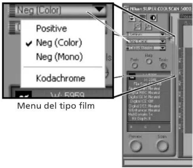 Neg [Color] Positive ✓ Neg (Color) Neg (Mono) Kodachrome Menu del tipo film Nikon SUPER COOL SCAN 5000 Poscero Neg (Color) Neg (Mono) Push Help Tools Hi: 3966 File Size: 1.00 Spectral Mode: Normal Digital ROC: Normal Digital ECH: Normal Digital ICE: On Digital DEE: Normal SE/Exchange: Normal Multi-ample: 1x SET Depth: 8 E G B Preview Scan