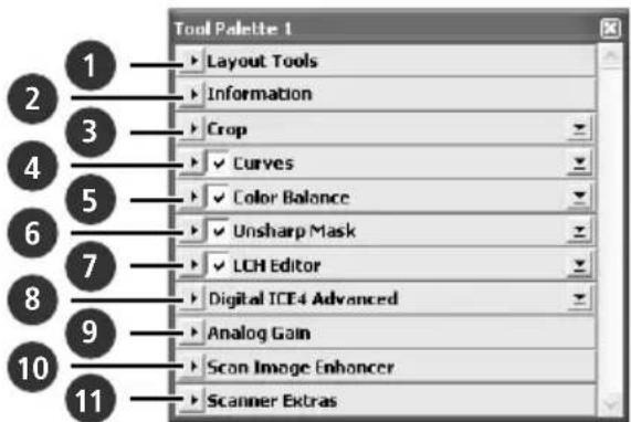Tool Palette 1 Layout Tools Information Crop ✓ Curves ✓ Color Balance ✓ Unsharp Mask ✓ LCH Editor Digital TCE4 Advanced Analog Gain Scan Image Enhancer Scanner Extras