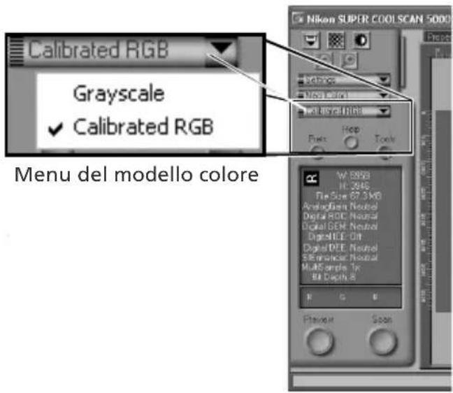 Calibrated RGB Grayscale ✓ Calibrated RGB Menu del modello colore Nikon SUPER COOL SCAN 5000 File Edit Tools W. B983 H. 246 File Size: 67.3 MB Analog/Defra Neural Digital RGB: Neutral Digital GEM: Neutral Digital HFE: Off Digital DEE: Neutral SINR/Infer/Neutral Multi Sample To: BH Depth 8 F G B Playout Scan