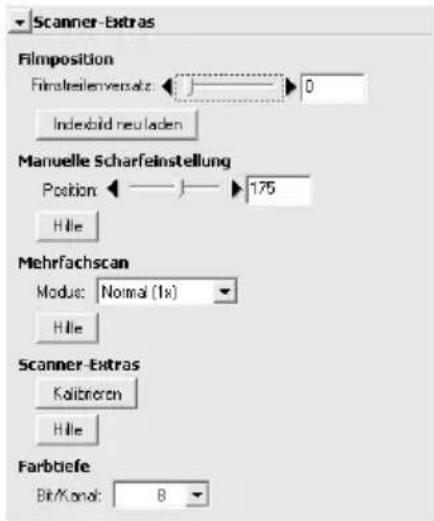 Scanner-Extras Filmposition Filmstreilenversatz: J 0 Indexoid neu laden Manuelle Scharfeinstellung Position 175 Hille Mehrfachscan Modu: Normal (1x) Hille Scanner-Extras Kalibronen Hille Farbtiefe Bit/Kanal: B
