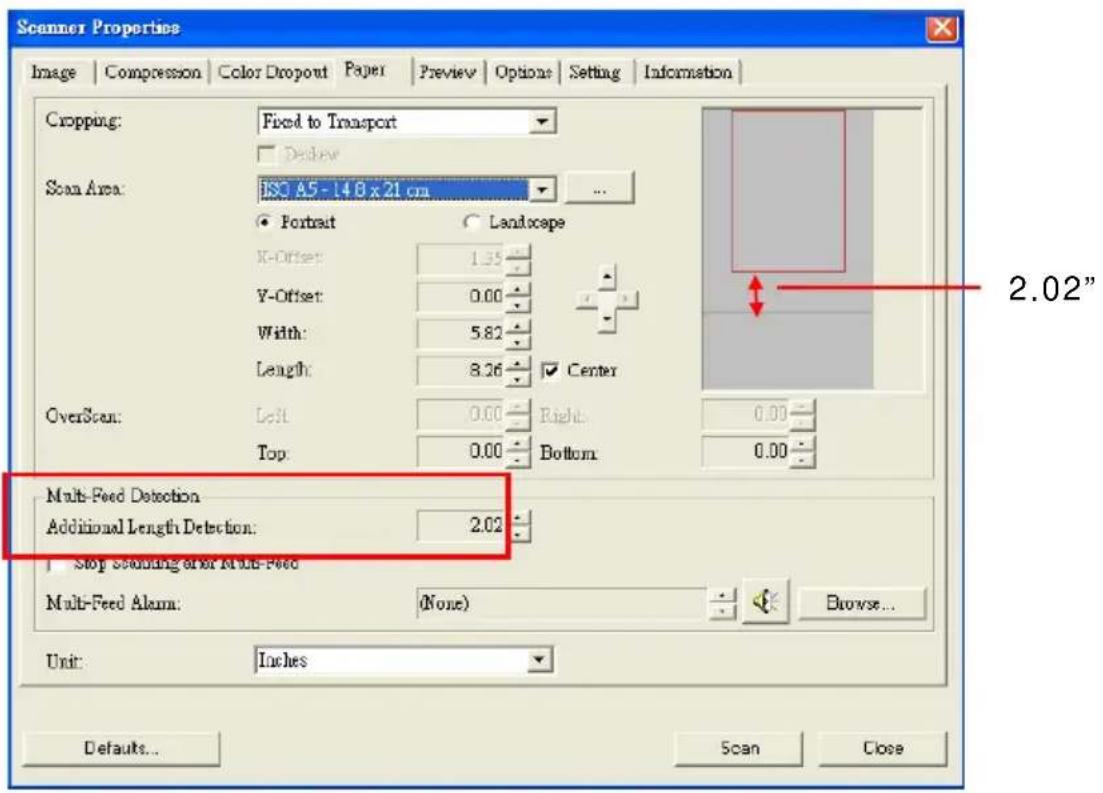AVISION Av121 - Example : Additional Length Detection : Set Additional Length to be 2.02 inches - 1