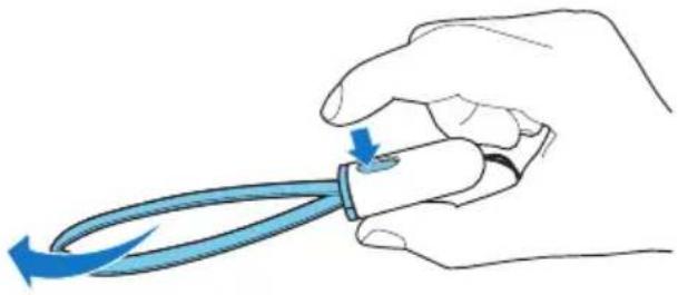 Illustration of a hand holding a tool with a blue handle and arrow indicating direction (no text or symbols)