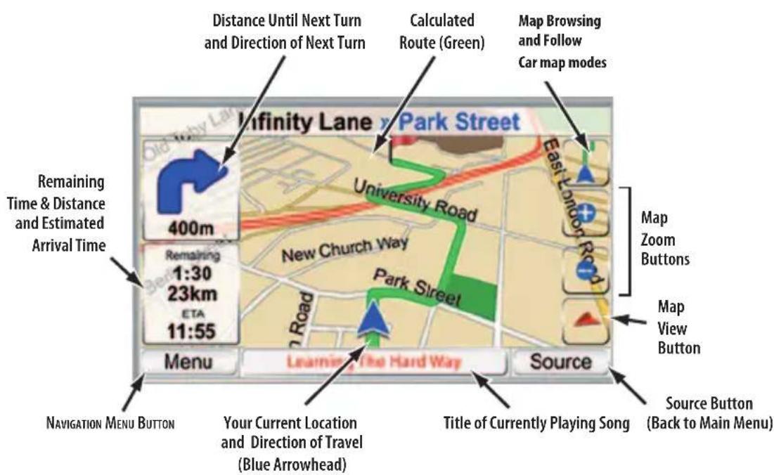 Distance Until Next Turn and Direction of Next Turn Calculated Route (Green) Map Browsing and Follow Car map modes Remaining Time & Distance and Estimated Arrival Time 400m University Road New Church Way Park Street East London Road Menu Learning The Hard Way Source Navigation Menu Button Your Current Location and Direction of Travel (Blue Arrowhead) Title of Currently Playing Song Source Button (Back to Main Menu) Map Zoom Buttons Map View Button