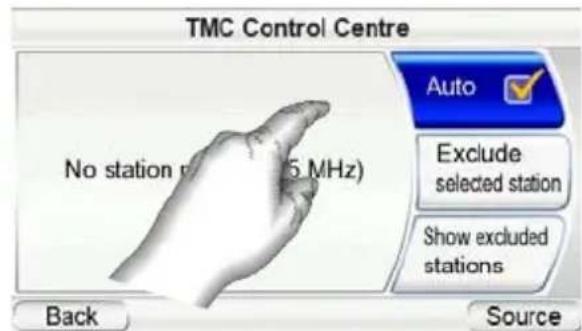 TMC Control Centre No station (5 MHz) Auto Exclude selected station Show excluded stations Back Source