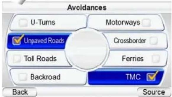 Avoidances U-Turns Motorways Unpaved Roads Crossborder Toll Roads Ferries Backroad TMC Back Source