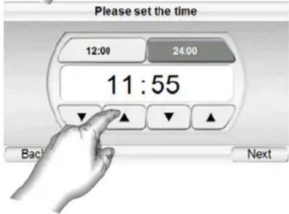 Please set the time 12:00 24:00 11:55 Back Next
