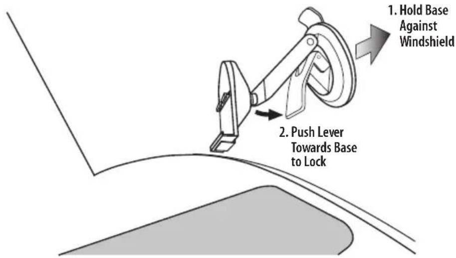 1. Hold Base Against Windshield 2. Push Lever Towards Base to Lock