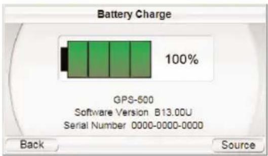 Battery Charge 100% GPS-500 Software Version B13.00U Serial Number 0000-0000-0000 Back Source