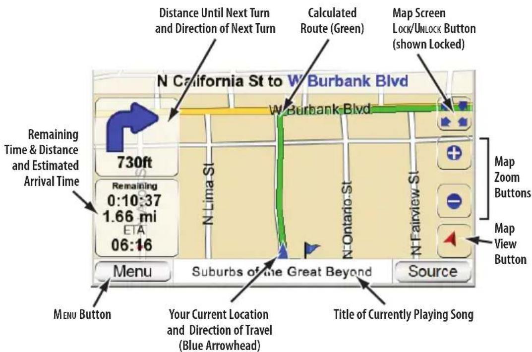 Distance Until Next Turn and Direction of Next Turn Calculated Route (Green) Map Screen Lock/UNLOCK Button (shown Locked) N California St to W Burbank Blvd W Burbank Blvd Remaining Time & Distance and Estimated Arrival Time 730ft Remaining 0:10:37 1.66 mi ETA 06:16 N Lima St N Ontario-St N Fairview St Menu Suburbs of the Great Beyond Source Menu Button Your Current Location and Direction of Travel (Blue Arrowhead) Title of Currently Playing Song
