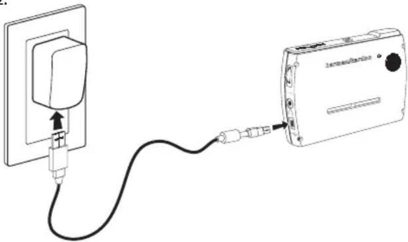 Diagram showing connection between a wall socket and a digital camera via cable, with an arrow indicating the cable's direction.