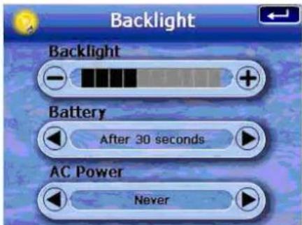 Backlight Backlight Battery After 30 seconds AC Power Never