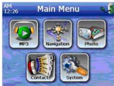 AM 12:26 Main Menu MP3 Navigation Photo Contacts System