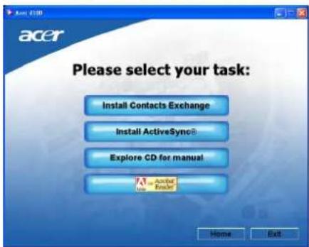 acer Please select your task: Install Contacts Exchange Install ActiveSync® Explore CD for manual Active Edit Home Exit