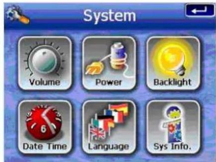 System Volume Power Backlight Date Time Language Sys Info.