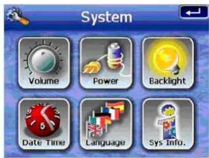 System Volume Power Backlight Date Time Language Sys Info.