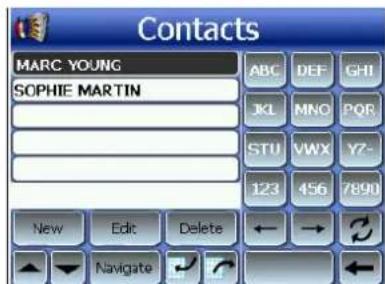 Contacts MARC YOUNG SOPHIE MARTIN ABC DEF GHI JKL MNO PQR STU VWX YZ- 123 456 7890 New Edit Delete ← → Navigate