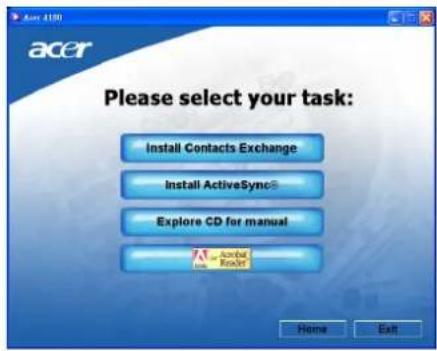 acer Please select your task: Install Contacts Exchange Install ActiveSync® Explore CD for manual Acber Reader Home Exit