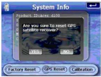 System Info Product ID:Acer d100 Are you sure to reset GPS satellite receiver? YES NO Factory Reset GPS Reset Calibration