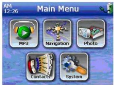 AM 12:26 Main Menu MP3 Navigation Photo Contacts System