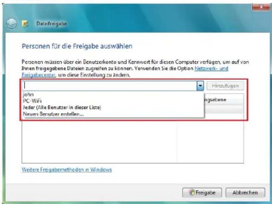 Dateifreigabe Personen für die Freigabe auswählen Personen müssen über ein Benutzerkonto und Kennwort für diesen Computer verfügen, um auf von Ihnen freigegebene Dateien zugreifen zu können. Venvenden Sie die Option Netzwerk- und Freigabecenter, um diese Einstellung zu ändern. I john PC-WiFi Jeder (Alle Benutzer in dieser Liste) Neuen Benutzer erstellen... Hinzufügen ngsebene Weitere Freigabemethoden in Windows Freigabe Abbrechen