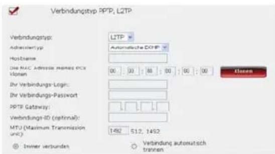 Verbindungstyp PPTP, L2TP Verbindungstyp: LITP Adversiertyp: Automatische DOPF Hostname: One MAC Adversite Memed PCs kloman 00 00 88 00 00 00 00 Jhr Verbindungs-Logn: Jhr Verbindungs-Passwort PPTP Gateway: Verbindungs-ID (optional): MTU (Maximum Transmission unit): 1492 512.1492 ● Inner verbunden ○ Verbindung automatisch tränen