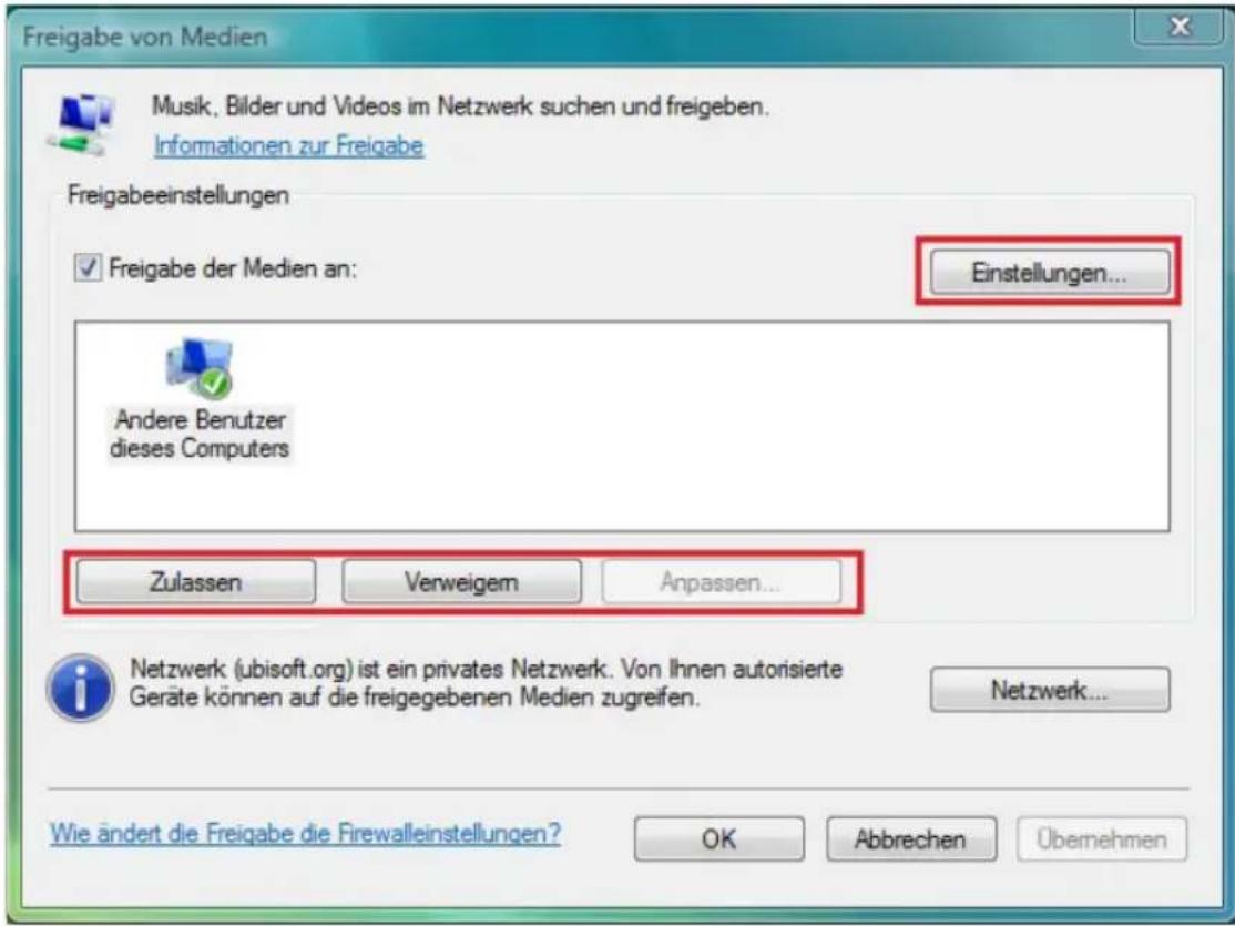 Freigabe von Medien Musik, Bilder und Videos im Netzwerk suchen und freigeben. Informationen zur Freigabe Freigabeeinstellungen ✓ Freigabe der Medien an: Einstellungen... Andere Benutzer dieses Computers Zulassen Verweigem Anpassen... Netzwerk (ubisoft.org) ist ein privates Netzwerk. Von Ihnen autorisierte Geräte können auf die freigegebenen Medien zugreifen. Netzwerk... Wie ändert die Freigabe die Firewalleinstellungen? OK Abbrechen Übernehmen