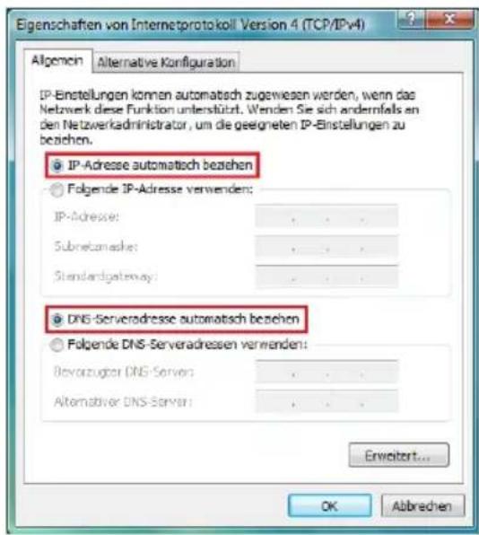 Eigenschaften von Internetprotokoll Version 4 (TCP/IPv4) Allgemein Alternative Konfiguration IP-Einstellungen können automatisch zugewiesen werden, wenn das Netzwerk diese Funktion unterstützt. Wenden Sie sich andererfas en den Netzverkadministrator, um die geeigneten IP-Einstellungen zu beziehen. IP-Adresse automatisch beziehen Folgende IP-Adresse verwenden: IP-Adresse: . Subnetomask: . Standardgateway: . DNS-Serveradresse automatisch beziehen Folgende DNS-Serveradressen verwenden: Bevorzugter DNS-Servers: . Alternativer DNS-Servers: . Erweizort... OK Abbrechen