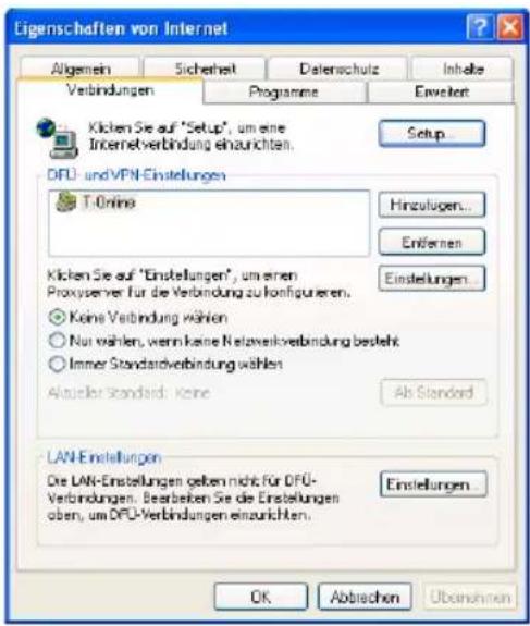 Ligenschaften von Internet Allgemein Sicherheit Datenschutz Inhälte Verbindungen Programme Erweiten Klicken Sie auf "Setup", um eine Internetverbindung einzurichten. Setup DFU- und VPN-Einstellungen T:Online Hinzulügen... Entfernen Klicken Sie auf "Einstellungen", um einen Proxyserver für die Verbindung zu konfigurieren. Einstellungen... Keine Verbindung wählen Nur wählen, wenn keine Netaveinkverbindung besteht Immer Standardsverbindung wählen Ab Standard Atelier Standard: Keine LAN-Einstellungen Die LAN-Einstellungen gelten nicht für DFU-Verbindungen. Bearbecken Sie die Einstellungen oben, um DFU-Verbindungen einzurichten. Einstellungen... OK Abbrischen Übimühren