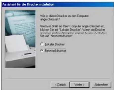 Assistant für die Druckerinstallation Wie ist dieser Drucker an den Computer angeschlossen? Wenn er direkt an ihren Computer angeschlossen ist. Kücken Sie auf "Lokale Drucker". Wenn der Drucker Sie auf "Lokale Drucker" und "Lokale Drucker" als Kücken Sie auf "Netzwerkdrucker" ○ Lokale Drucker ● Netzwerkdrucket Abzeichen